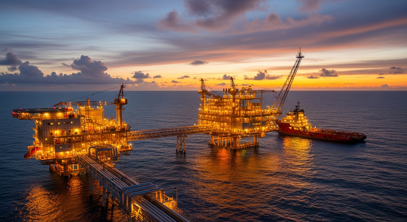 Offshore oil platform at dusk